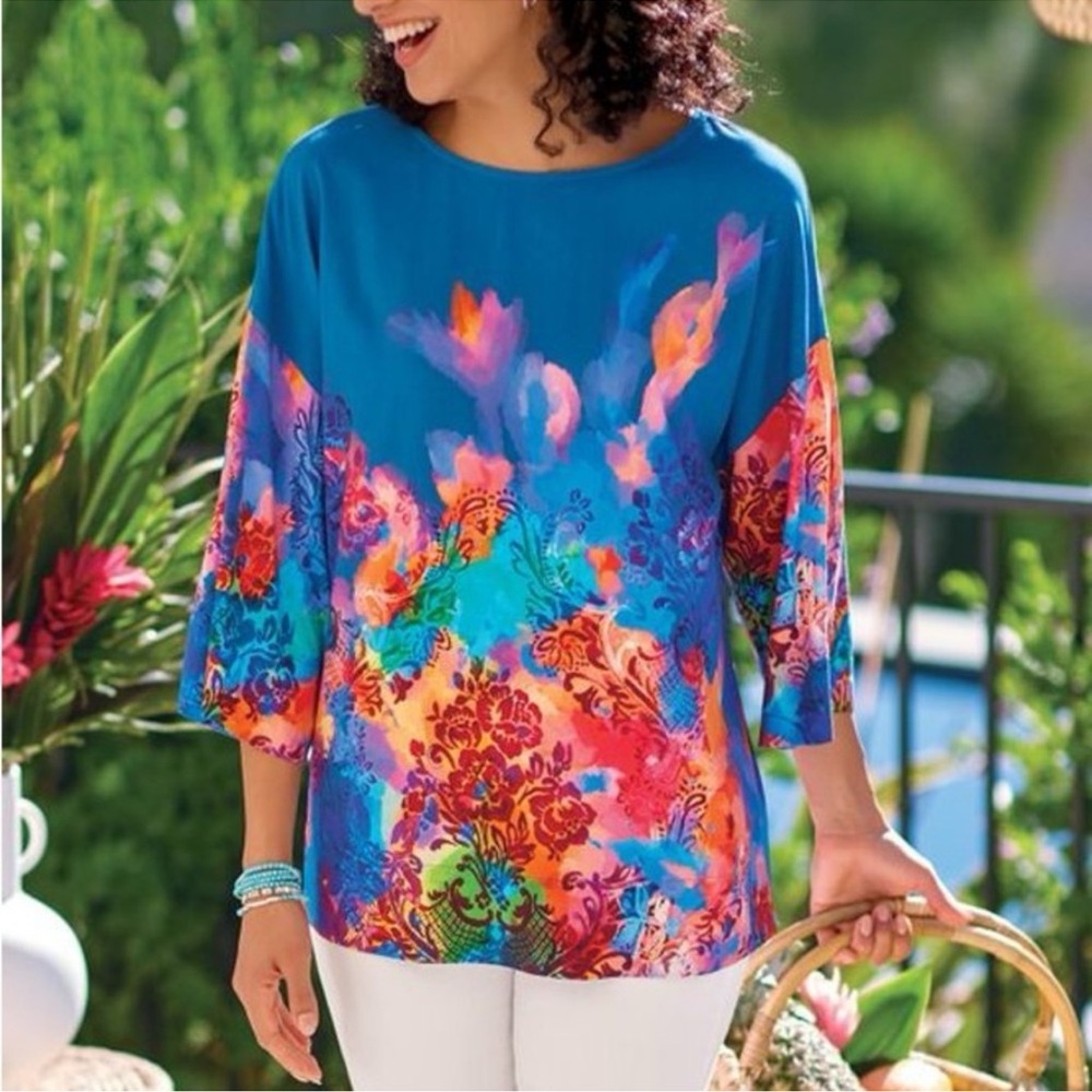 Soft‎ Surroundings Women's Anniah top watercolor medium 3/4 sleeves boatneck